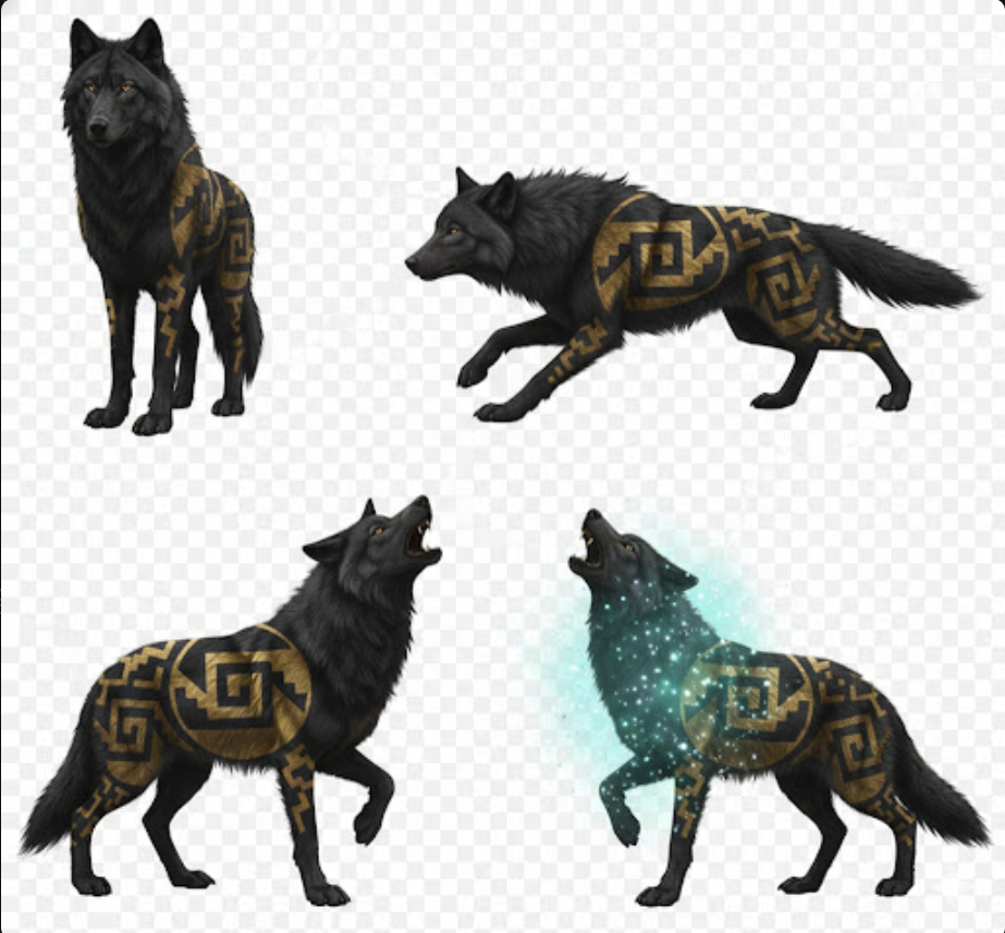 XOLOTL — canonical reference (masculine black wolf, 4 poses)